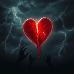 A cracked, glowing heart that appears to be bleeding, set against a dark and stormy background filled with ominous clouds and flashes of lightning
