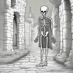 This is a black and white line drawing of a skeleton dressed in ragged clothes, aimlessly wandering through an abandoned alleyway of a medieval village under the cover of night