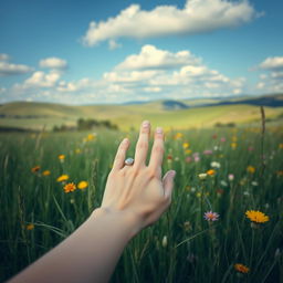 A serene and picturesque landscape featuring a beautiful meadow bathed in soft sunlight