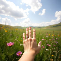 A serene and picturesque landscape featuring a beautiful meadow bathed in soft sunlight