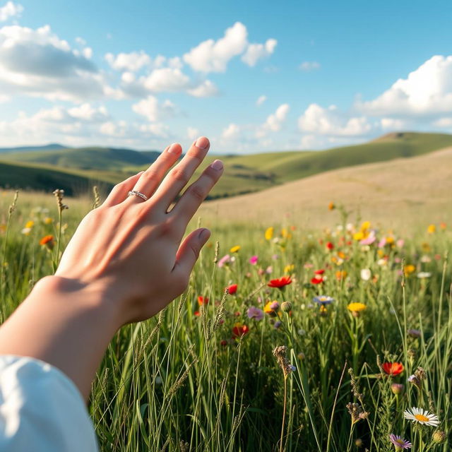 A serene and picturesque landscape featuring a beautiful meadow bathed in soft sunlight