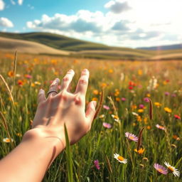 A serene and picturesque landscape featuring a beautiful meadow bathed in soft sunlight