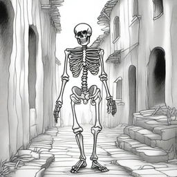 This is a black and white line drawing of a skeleton dressed in ragged clothes, aimlessly wandering through an abandoned alleyway of a medieval village under the cover of night