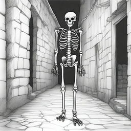 This is a black and white line drawing of a skeleton dressed in ragged clothes, aimlessly wandering through an abandoned alleyway of a medieval village under the cover of night