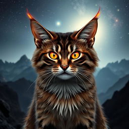 A fantastical cat resembling Sauron from the Lord of the Rings series, depicted as a majestic American Wirehair