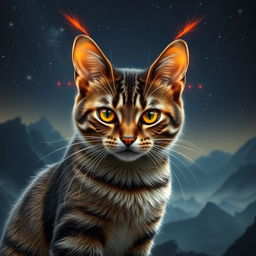 A fantastical cat resembling Sauron from the Lord of the Rings series, depicted as a majestic American Wirehair