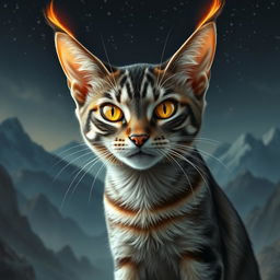 A fantastical cat resembling Sauron from the Lord of the Rings series, depicted as a majestic American Wirehair