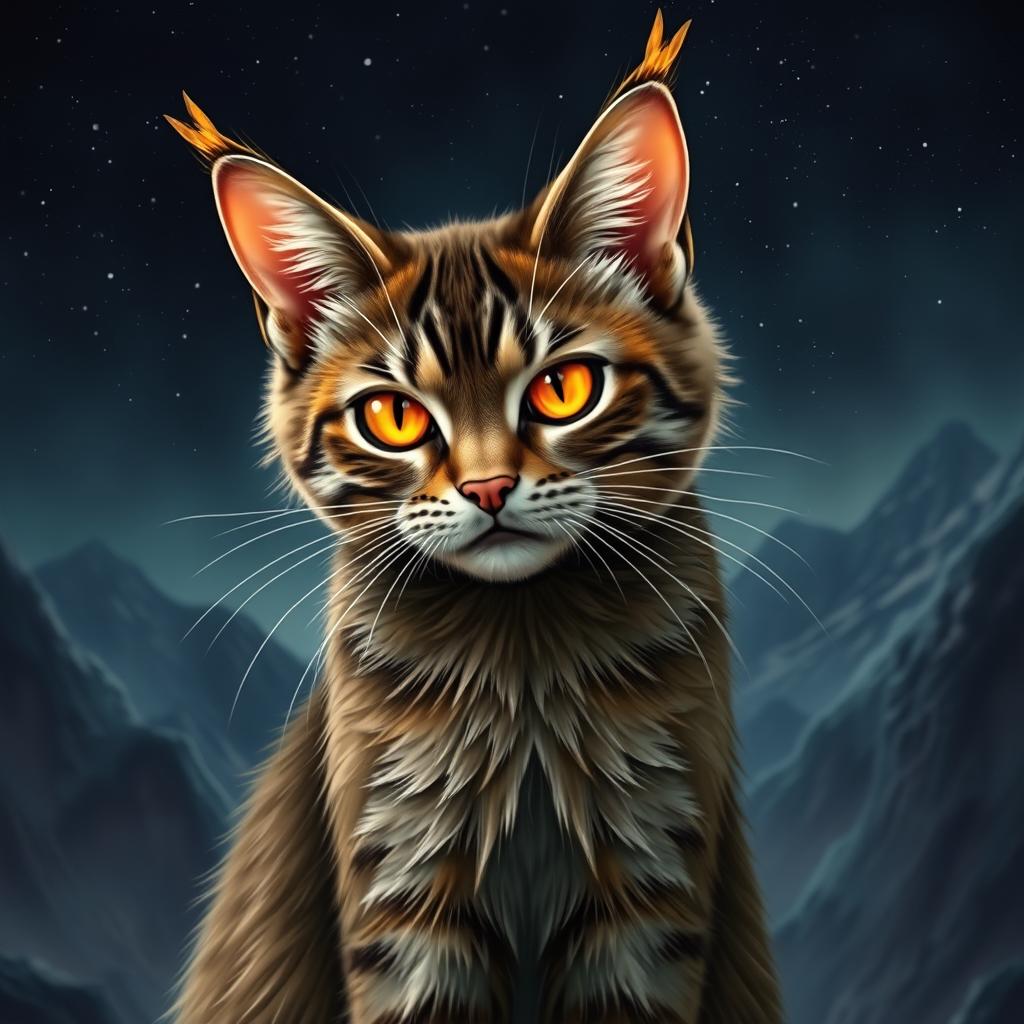 A fantastical cat resembling Sauron from the Lord of the Rings series, depicted as a majestic American Wirehair