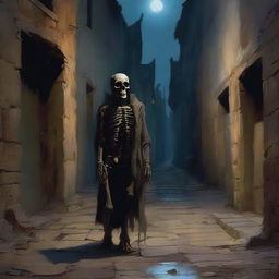 An oil painting style image captures a chilling scene of a skeleton in tattered clothes, wandering through an abandoned medieval village alleyway during nighttime