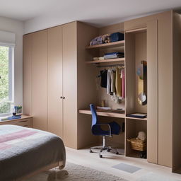 Modern bedroom for an 18-year-old, equipped with a sleek study table, a comfortable bed, a fully stocked bookshelf, and a spacious wardrobe.