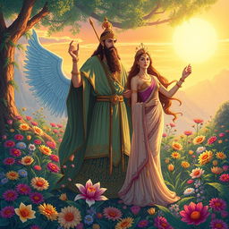 A detailed and vivid illustration of Zoroastrian mythology featuring the figures of Kayumarth (Kiomarth) and Mashye and Mashyaneh