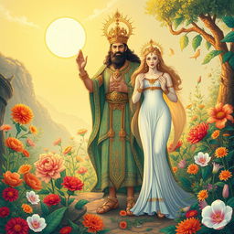 A detailed and vivid illustration of Zoroastrian mythology featuring the figures of Kayumarth (Kiomarth) and Mashye and Mashyaneh