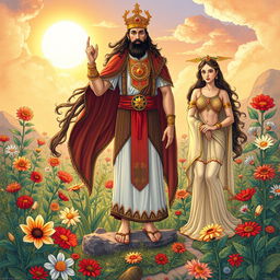 A detailed and vivid illustration of Zoroastrian mythology featuring the figures of Kayumarth (Kiomarth) and Mashye and Mashyaneh