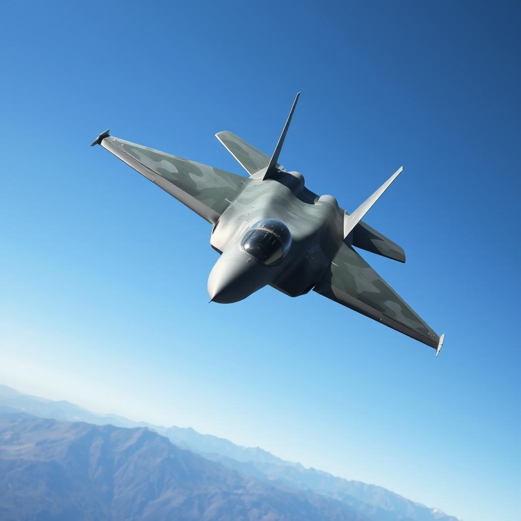 A sleek, modern military fighter jet soaring through a clear blue sky, with dynamic angles showing its aerodynamic design