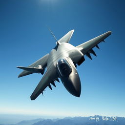 A sleek, modern military fighter jet soaring through a clear blue sky, with dynamic angles showing its aerodynamic design