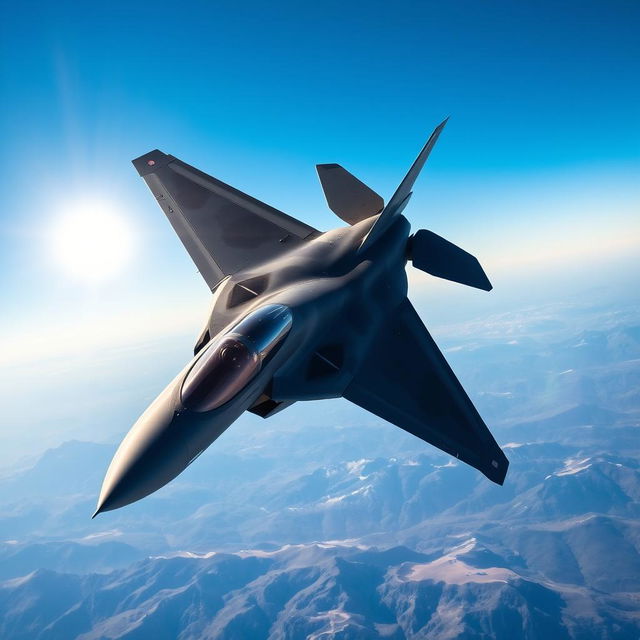 A sleek, modern military fighter jet soaring through a clear blue sky, with dynamic angles showing its aerodynamic design