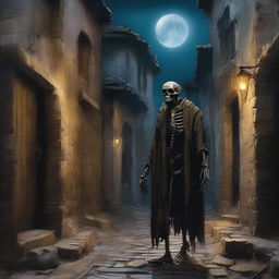 An oil painting style image captures a chilling scene of a skeleton in tattered clothes, wandering through an abandoned medieval village alleyway during nighttime