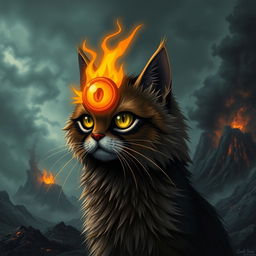 A whimsical and imaginative concept of a cat version of Sauron, featuring the signature Eye of Sauron