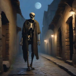 An oil painting style image captures a chilling scene of a skeleton in tattered clothes, wandering through an abandoned medieval village alleyway during nighttime