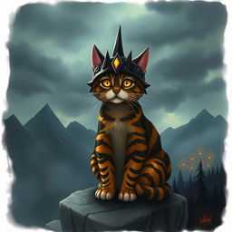 A whimsical scene featuring a cat with characteristics of Sauron from the Lord of the Rings, such as a dark and menacing aura, wearing a spiky helmet resembling Sauron's iconic appearance