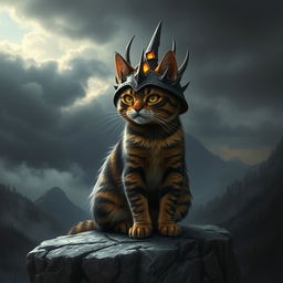 A whimsical scene featuring a cat with characteristics of Sauron from the Lord of the Rings, such as a dark and menacing aura, wearing a spiky helmet resembling Sauron's iconic appearance