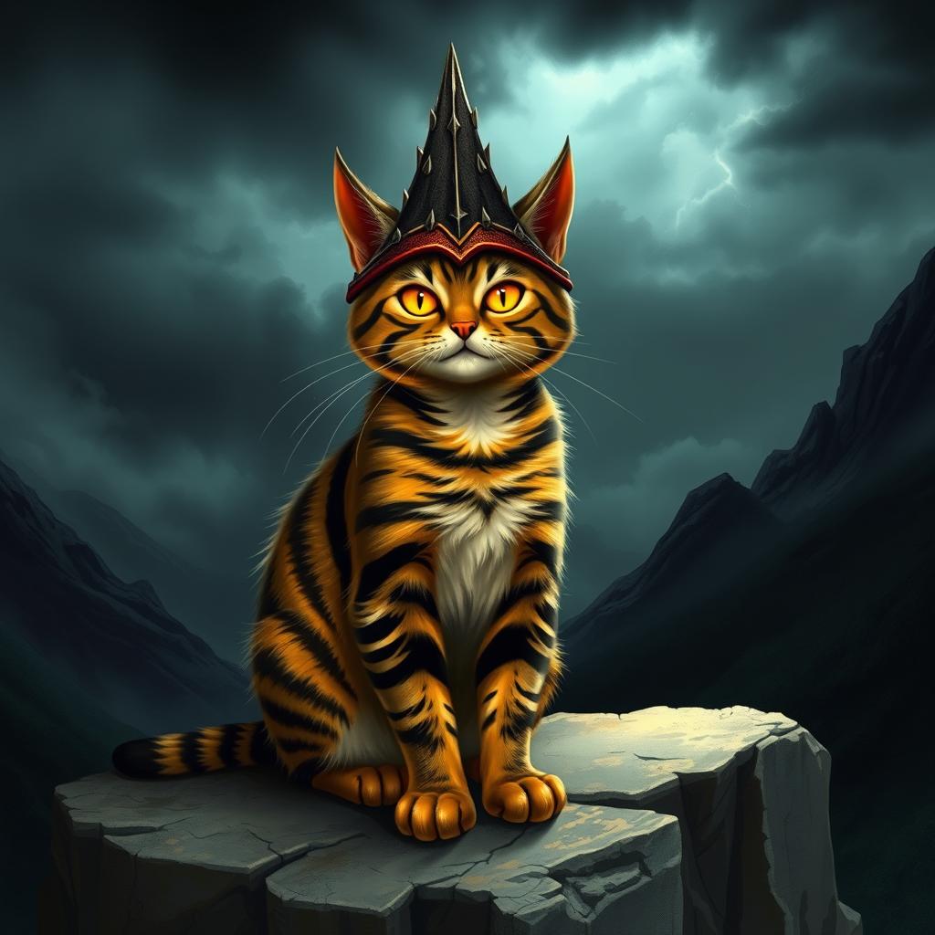 A whimsical scene featuring a cat with characteristics of Sauron from the Lord of the Rings, such as a dark and menacing aura, wearing a spiky helmet resembling Sauron's iconic appearance