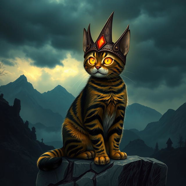 A whimsical scene featuring a cat with characteristics of Sauron from the Lord of the Rings, such as a dark and menacing aura, wearing a spiky helmet resembling Sauron's iconic appearance