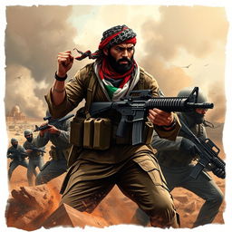 An epic scene depicting a brave Palestinian resistance fighter engaged in intense combat against Israeli soldiers in a dramatic battlefield setting