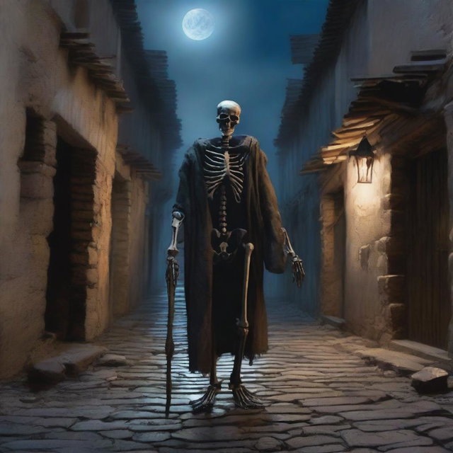 An oil painting style image captures a chilling scene of a skeleton in tattered clothes, wandering through an abandoned medieval village alleyway during nighttime