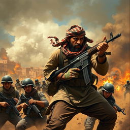 An epic scene depicting a brave Palestinian resistance fighter engaged in intense combat against Israeli soldiers in a dramatic battlefield setting