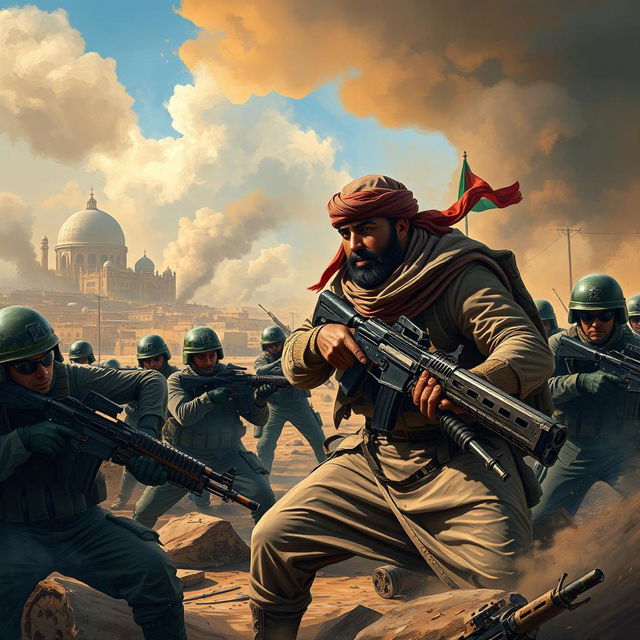 An epic scene depicting a brave Palestinian resistance fighter engaged in intense combat against Israeli soldiers in a dramatic battlefield setting