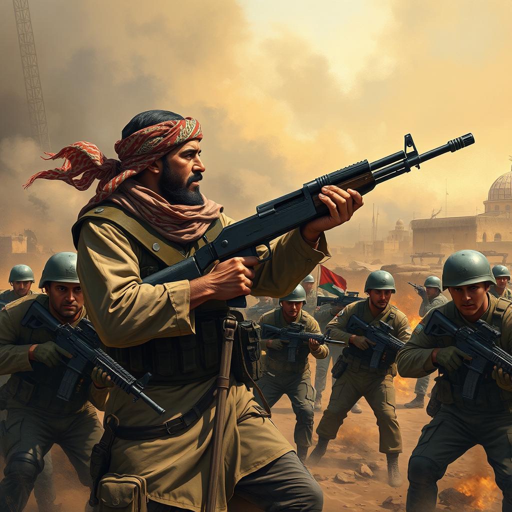 An epic scene depicting a brave Palestinian resistance fighter engaged in intense combat against Israeli soldiers in a dramatic battlefield setting