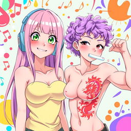 A vibrant scene featuring two girls in a playful and lively environment