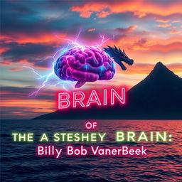A digital art book cover featuring an electrified, floating brain that glows in vibrant colors, hovering majestically above a calm ocean