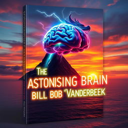 A digital art book cover featuring an electrified, floating brain that glows in vibrant colors, hovering majestically above a calm ocean