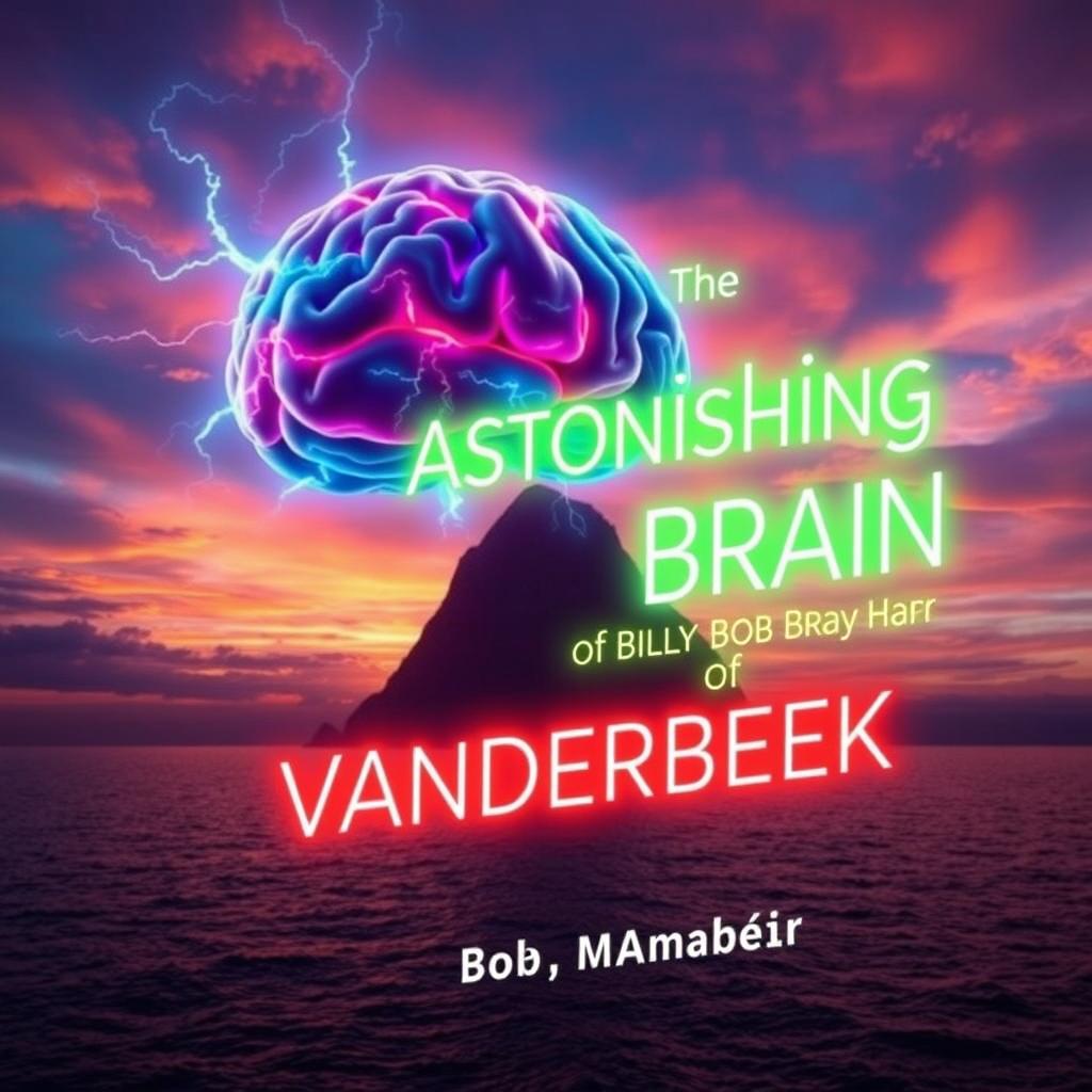 A digital art book cover featuring an electrified, floating brain that glows in vibrant colors, hovering majestically above a calm ocean