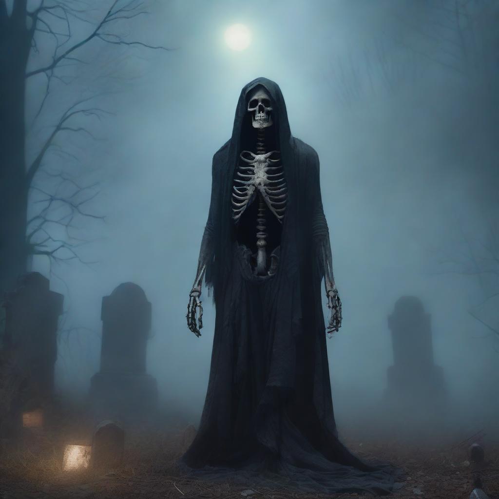 This is an oil painting style image that depicts a skeleton in tattered clothes, wandering through a foggy, gothic graveyard at night