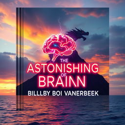 A digital art book cover featuring an electrified, floating brain that glows in vibrant colors, hovering majestically above a calm ocean