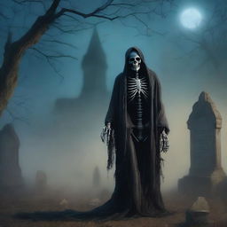 This is an oil painting style image that depicts a skeleton in tattered clothes, wandering through a foggy, gothic graveyard at night