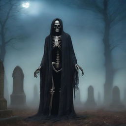 This is an oil painting style image that depicts a skeleton in tattered clothes, wandering through a foggy, gothic graveyard at night