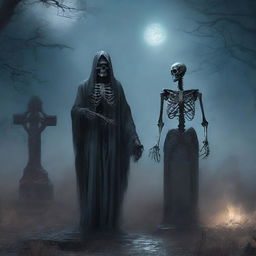 This is an oil painting style image that depicts a skeleton in tattered clothes, wandering through a foggy, gothic graveyard at night