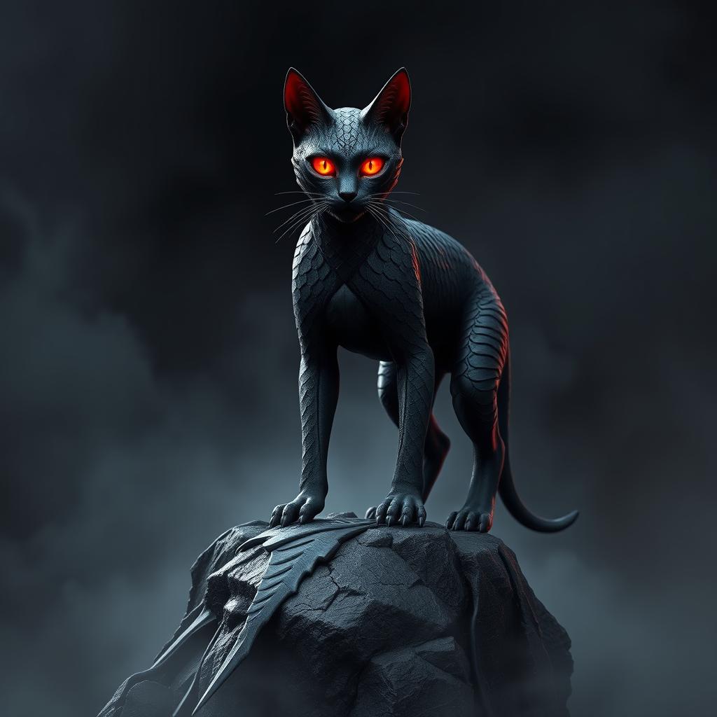 A fantastical creature combining features of a cat and Sauron from 'The Lord of the Rings', with sleek feline form and a menacing presence