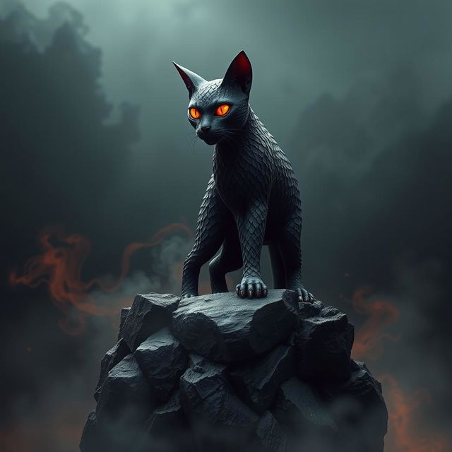 A fantastical creature combining features of a cat and Sauron from 'The Lord of the Rings', with sleek feline form and a menacing presence