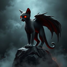 A fantastical creature combining features of a cat and Sauron from 'The Lord of the Rings', with sleek feline form and a menacing presence