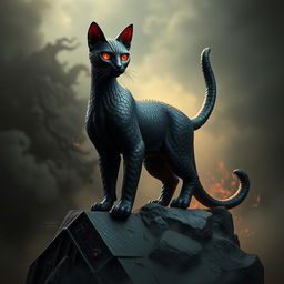 A fantastical creature combining features of a cat and Sauron from 'The Lord of the Rings', with sleek feline form and a menacing presence