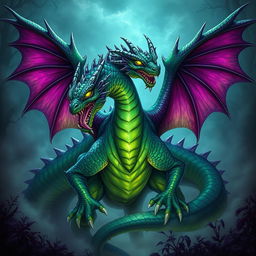 A colossal poison dragon, featuring vibrant green and purple scales that have a toxic sheen
