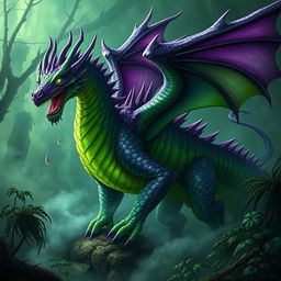 A colossal poison dragon, featuring vibrant green and purple scales that have a toxic sheen