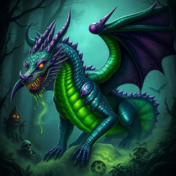 A colossal poison dragon, featuring vibrant green and purple scales that have a toxic sheen