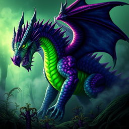 A colossal poison dragon, featuring vibrant green and purple scales that have a toxic sheen