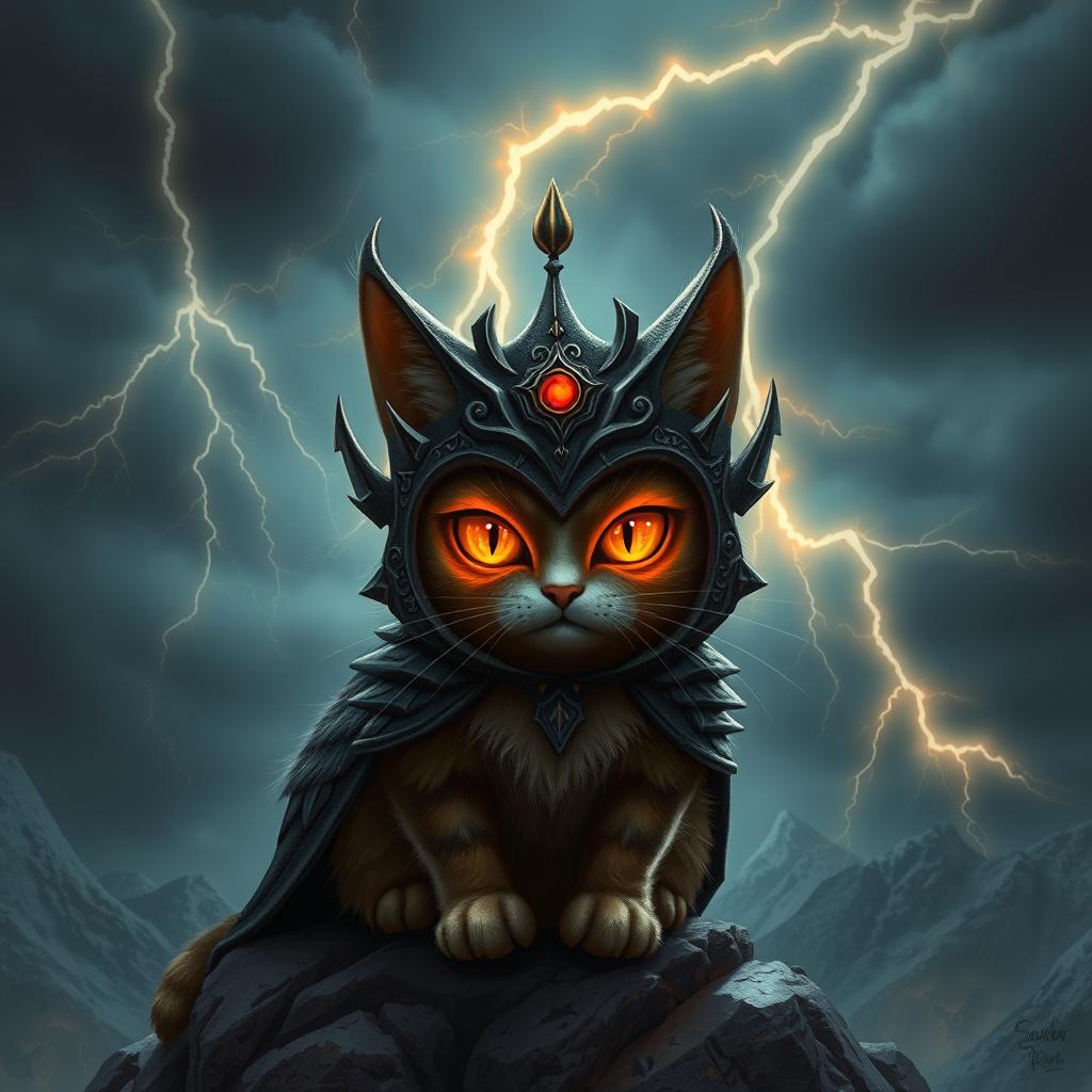 A whimsical cat inspired by Sauron, featuring a cat with glowing, fiery eyes similar to the Eye of Sauron